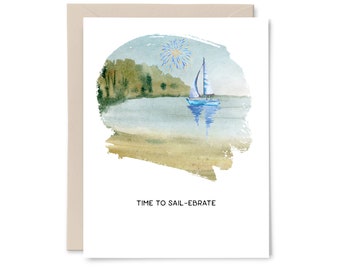 Time to Sail-ebrate Watercolor Birthday Card | Watercolor Sailboat Celebration Card for Him |  Nautical Watercolor Birthday Card