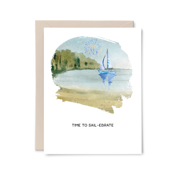 Time to Sail-ebrate Watercolor Birthday Card | Watercolor Sailboat Celebration Card for Him |  Nautical Watercolor Birthday Card