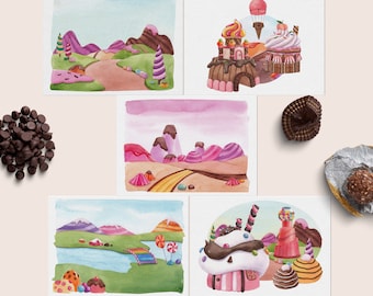 Candyland Postcard Set, Set of 5 or 10, Illustrated Prints, Stationery Gift,  Postcrossing Postcards,  Candycore Mini Art Print