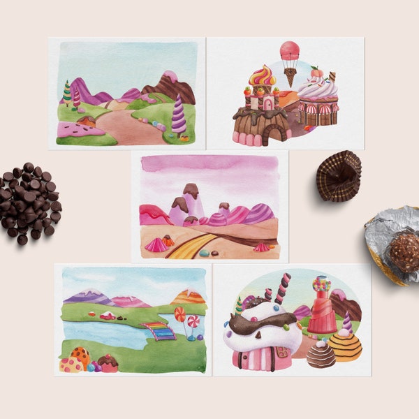 Candyland Postcard Set, Set of 5 or 10, Illustrated Prints, Stationery Gift,  Postcrossing Postcards,  Candycore Mini Art Print