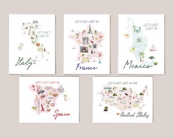 Let's Get Lost Postcard Collection - Set of 5 or 10 postcards | Illustrated Map | US | Spain | Mexico | Italy | France | Travel Postcard