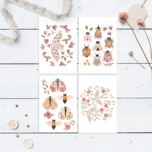 Cartes postales insecte et oiseau, cartes de correspondance papillon aquarelle, décoration murale coccinelle, lot de cartes postales roses et colombe, cadeau nature jardinage pour elle