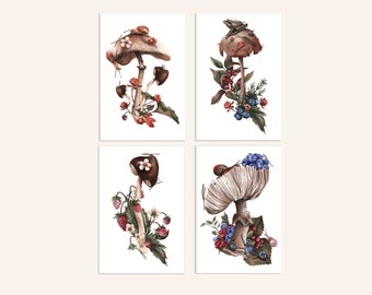 Cartes postales Champignons à la recherche de nourriture, lot de 4 ou 8 | Cartes postales de champignon | Gobelincore | Décoration champignon | Art naturel | Cartes postales à motif champignon