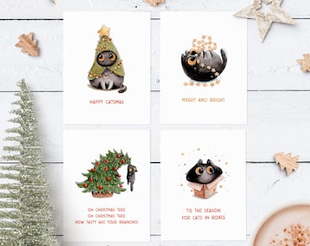 Funny Cat Christmas Card Set | Watercolor Holiday Cards with Cats