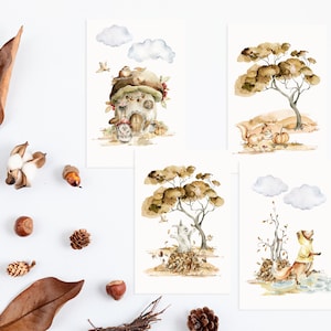 Lot de 4 ou 8 cartes postales d'automne, animaux de la forêt | Art de la nature à l'aquarelle | Cartes postales mignonnes d'automne | Cartes postales à l'aquarelle | Mini impression d'art