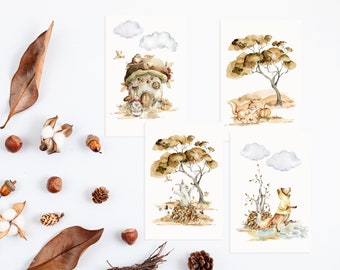 Conjunto de postales de bosque otoñal / Tarjetas con ilustraciones de animales otoñales en acuarela