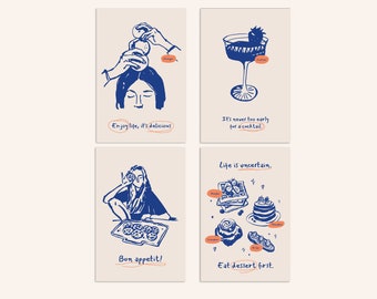 Set di cartoline di filosofia alimentare - Set blu / Cartoline alimentari illustrate / Stampe d'arte astratte / Regalo per buongustai / Cartoline Postcrossing