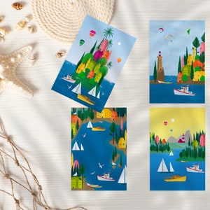 海辺の風景ポストカード 4 枚または 8 枚セット | ガッシュ水彩自然アート | 海岸の装飾 | 風景ポストカード | 海のプリント ノートカード