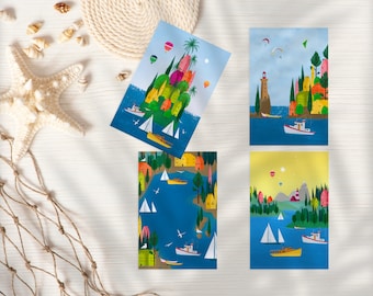 Cartes postales de paysage marin, lot de 4 ou 8 | Gouache aquarelle art nature | Décoration côtière | Cartes postales de paysage | Cartes de correspondance à imprimé océan
