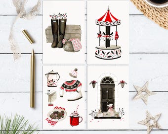 Conjunto de postales navideñas escandinavas: tarjetas navideñas vintage de cabañas de invierno