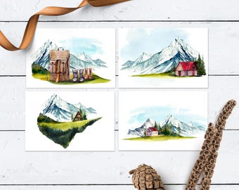 The Mountains are Calling Postkarten Set | Aquarell Natur Illustrationen | Postkartenset 4 oder 8 Postkarten | Mini Drucke | Karten | Berge