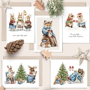 Jeu de cartes de Noël assorties Il était une fois Noël | À l'unité ou jeu de 5 cartes | Animaux de la forêt d'hiver à l'aquarelle | Pack de cartes de vœux