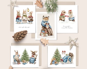 Jeu de cartes de Noël assorties Il était une fois Noël | À l'unité ou jeu de 5 cartes | Animaux de la forêt d'hiver à l'aquarelle | Pack de cartes de vœux