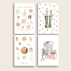 Autumn Must Haves Postcard Set, Set of 4 or 8  | Art Postcards | Watercolor Fall Art | Food Postcards | Mini Prints