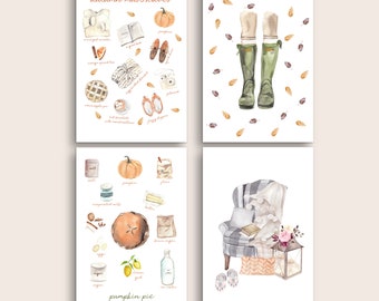 Autumn Must Haves Postcard Set, Set of 4 or 8  | Art Postcards | Watercolor Fall Art | Food Postcards | Mini Prints