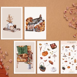 Lot de cartes postales et de feuilles d'autocollants Cottage Harvest | Lot de 8 cartes postales automne | Ensemble de feuilles d'autocollants Cottagecore - Paquet de 2 | Coffret cadeau pour soi