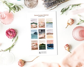 Watercolor Desert Landscape Stamp Sticker Sheet | Stickers for Journal | Planner Stickers | Bullet Journal Stickers | Boho Aesthetic