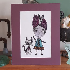 Boston Terrier Dog and Cat Print Original Collagraph Big Eyed Art Girl