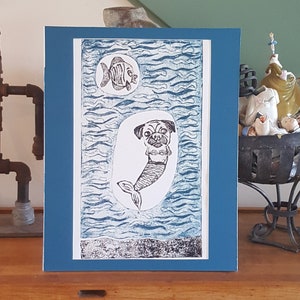 Merpug Art Print Pug Dog Wall Artsy Whimsical Fish Collagraph