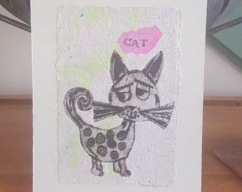 Cute Cat Print Handmade Paper Wall Art Collagraph Original Whimsical Kitty