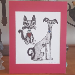 Greyhound Print  Cat Art Printmaker Whimsical Collagraph