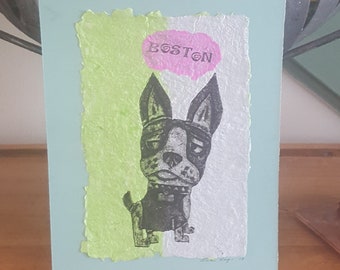 Boston Terrier Print Handmade Paper Wall Art Collagraph Original Whimsical Dogs