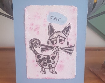 Cat Print Handmade Paper Wall Art Collagraph Original Whimsical Kitty