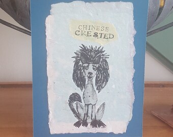 Chinese Crested Dog Print Handmade Paper Wall Art Collagraph Original Whimsical Dogs