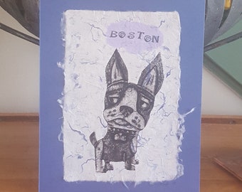 Boston Terrier Print Handmade Paper Wall Art Collagraph Original Whimsical Dogs