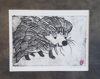 Hedgehog Art Print Fun Whimsical Wall Art Collagraph