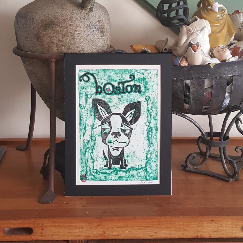 Boston Terrier Art Print Wall Art Collagraph Original Whimsical Dogs