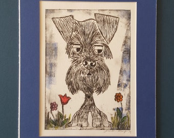 Schnauzer Print Art Relief Original Watercolor Whimsical Dogs