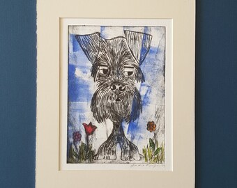 Schnauzer Print Art Relief Original Watercolor Whimsical Dogs