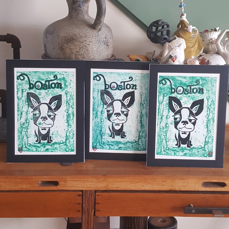 Boston Terrier Art Print Wall Art Collagraph Original Whimsical Dogs