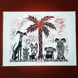 Dog Art Print Greyhound, Yorkie, Boston Terrier, Pug, Schnauzer, Under The Palm