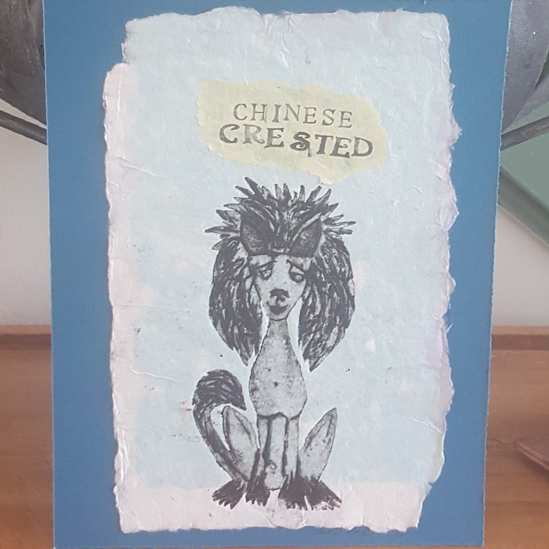 May include: A blue card with a white paper insert featuring a black and white illustration of a Chinese Crested dog. The text "CHINESE CRESTED" is written in yellow on the white paper insert.