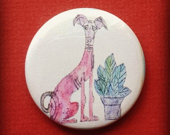 Pode incluir: Uma ilustração de um cão rosa e branco sentado ao lado de uma planta em vaso com folhas azuis e verdes. O cão tem uma expressão triste no rosto.