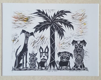 Dog Art Print Greyhound, Yorkie, Boston Terrier, Pug, Schnauzer, Under The Palm