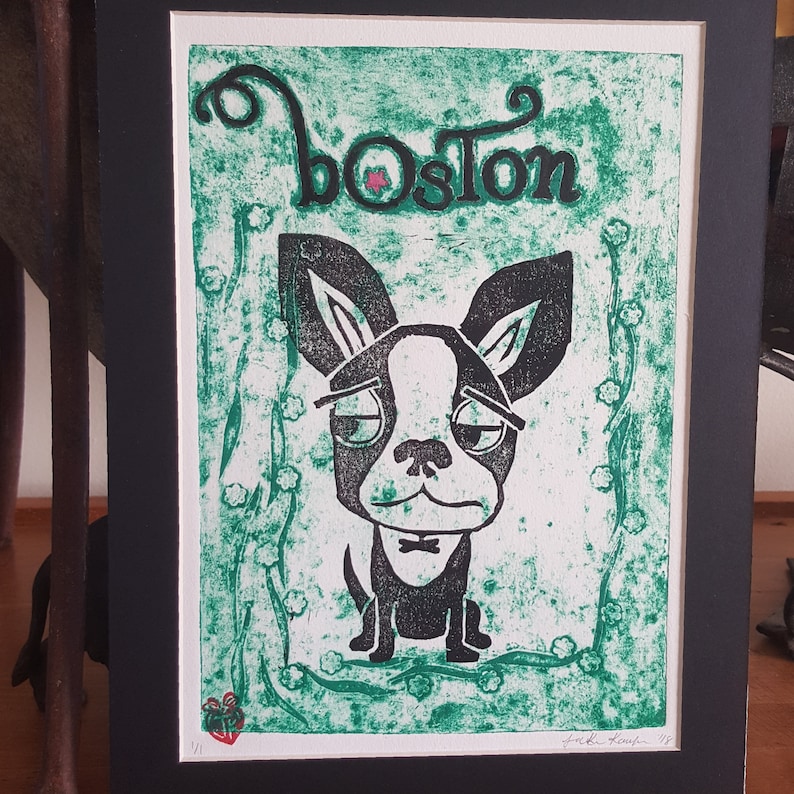 Boston Terrier Art Print Wall Art Collagraph Original Whimsical Dogs
