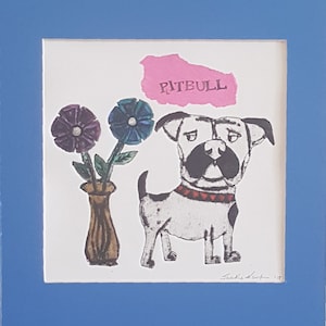 Pitbull Print Art Wall Flower Pittie Printmaker Whimsical Etching