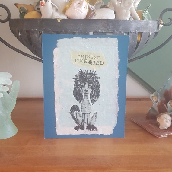 Chinese Crested Dog Print Handmade Paper Wall Art Collagraph Original Whimsical Dogs