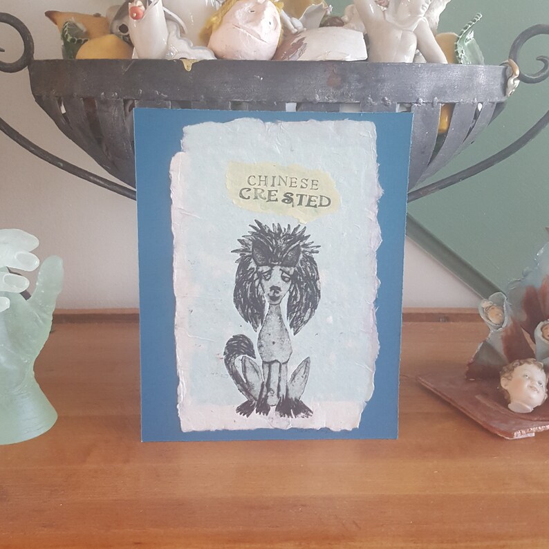 May include: A blue card with a white background and a black and white illustration of a Chinese Crested dog. The text "CHINESE CRESTED" is printed in yellow on the card.