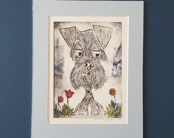 Schnauzer Print Art Relief Original Watercolor Whimsical Dogs