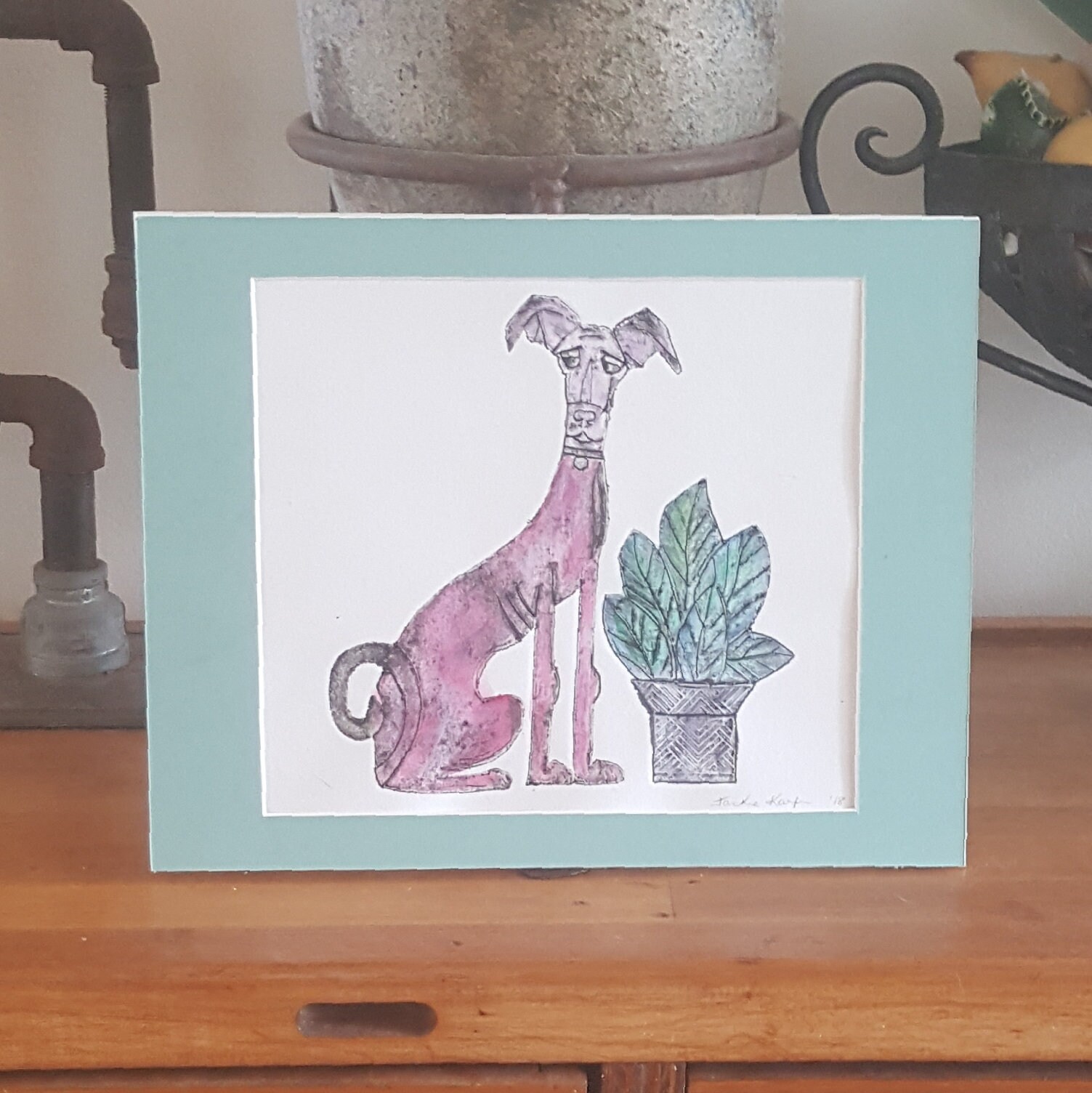 Greyhound And Flower Print Art Printmaker Whimsical Collagraph