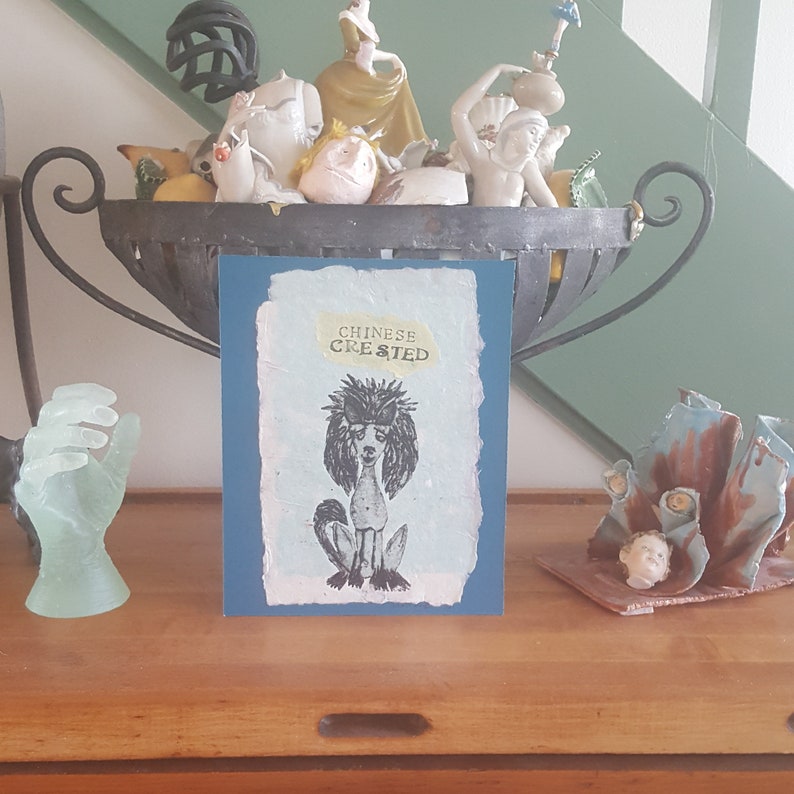 May include: A blue card with a white background and a black and white illustration of a Chinese Crested dog. The text "CHINESE CRESTED" is printed in yellow on the card.