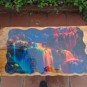 May include: A rectangular wooden table with a colorful waterfall scene printed on the surface. The artwork features a rainbow of colors, including blue, red, and yellow. The table has a natural wood edge.