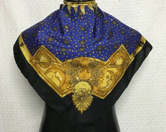 Vintage scarf echarpe carre god of sun motive /baroque design/versace/gucci/hermes/chanel/fendi/mcm/twilly/