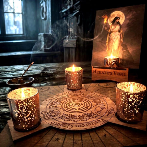 May include: A wooden board engraved with the text Hekate's Vigil and Veritatem Quaero, featuring a central eye symbol, surrounded by three lit mercury glass votive candles. A framed print of a woman holding a torch stands behind the board.