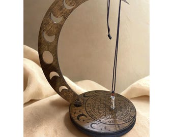 The Diviner's Moon – Haunted Pendulum Board with Hidden Compartment, Relic Vial Necklace, Moon Stand – Witchy Altar Set