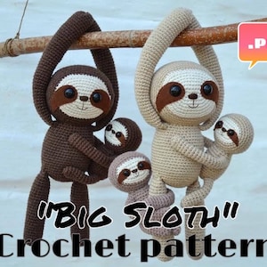 Crochet pattern big sloth and baby sloth , pdf file image 1